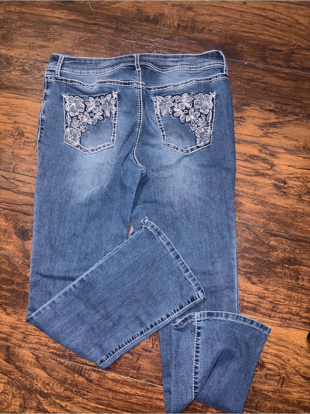 a.n.a Women's Blue Bootcut Jeans with Floral Embroidered Back Pockets